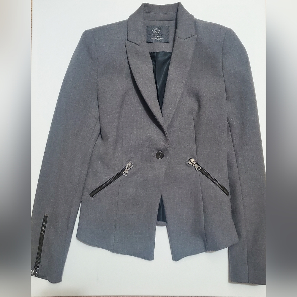 Zara FRF Collection Dark Grey Blazer--Single Button, Zippered Pockets,Size Small